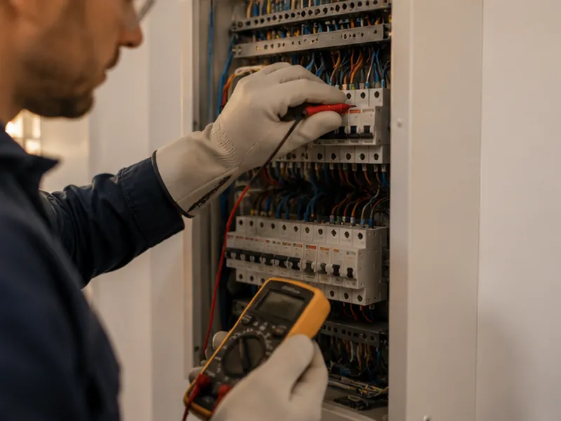 Électricien contrôlant un tableau électrique à l'aide d'un multimètre